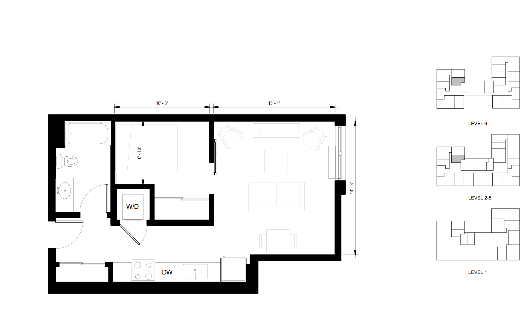 Floor plan for studio, 1 bath, 534 sqft